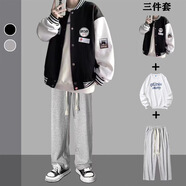 摘星少年春秋季棒球服套裝男ins港風(fēng)夾克外套帥氣潮流一套學(xué)生帥氣三件套 3件裝T156棒球服黑白+Y22衛(wèi)衣+K02褲灰色 XL
