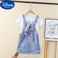 迪士尼（Disney）女童牛仔背帶褲套裝2023夏季新款中大童薄短褲短袖T恤吊帶兩件套 JR背帶裙+T恤 130cm 建議6-7歲中大童