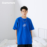 SuaMoment抓痕基礎字母短袖純色簡(jiǎn)約潮流寬松百搭T恤情侶同款體恤 藍色 M