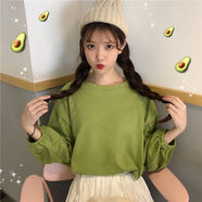 莎波龍春秋裝韓版寬松ins網(wǎng)紅百搭長(zhǎng)袖T恤女燈籠袖小衫胖MM上衣潮學(xué)生 燈籠袖 綠色 L -101-120斤