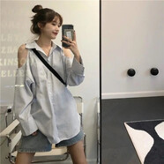 夢(mèng)史怡2021春夏新款韓版學(xué)院風(fēng)設計感寬松百搭小眾燈籠袖條紋襯衫上衣女 36#白色條紋露肩 S