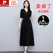 皮爾卡丹母親節(jié)國際真絲連衣裙女夏季2023年新款感收腰顯瘦桑蠶絲長裙子 黑色 XL