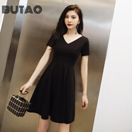 BUTAO女裝赫本風(fēng)連衣裙夏季新款V領(lǐng)小黑裙收腰顯瘦短袖小個(gè)子a字裙 032款V領(lǐng)不漏背 L