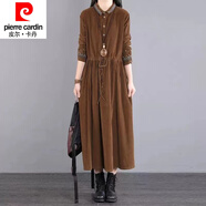 皮爾卡丹（pierre cardin）高端復(fù)古刺繡燈芯絨連衣裙女2024秋季韓版寬松顯瘦系帶收腰長(zhǎng)裙子 咖啡色 XL 【125-140斤】