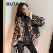 BUTAO外套女年春秋新款百搭小個(gè)子休閑牛仔格子女士夾克短款 黑色 M