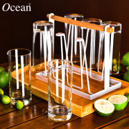 Ocean進口玻璃杯家用耐熱透明果汁泡綠茶杯290ml六只裝+杯架+托盤套裝