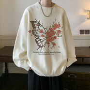 主野（ZHU YE） 毛衣男秋冬季蝴蝶印花寬松保暖針織衫男休閑青少年圓領打底衫潮 白色 L 【建議90-100斤】