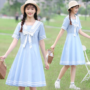 方糖姑娘海軍風(fēng)連衣裙學(xué)院風(fēng)水手服少女高中初中學(xué)生夏裝海軍領(lǐng)日系jk裙子 202105LX淺藍色 S