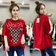 現寶蓮歐洲站短袖T恤女歐貨中長(cháng)款卡通半袖圓領(lǐng)寬松內搭上衣女 紅色() 2XL 145-160斤