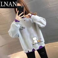 LNAN女裝卡通衛(wèi)衣女2025新款春秋裝韓版百搭寬松薄款假兩件印花上衣 灰色-慵懶貓黑字 L_建議100-120斤
