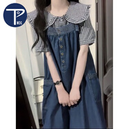 PMOG兩件套裝日系甜美大口袋牛仔背帶連衣裙子女學(xué)生+娃娃領(lǐng)格子襯衫 格子襯衫  L