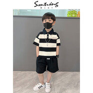 mlgt kids童裝男童短袖套裝2025新款夏季條紋polo衫兒童夏裝衣服短褲 黑白色 套裝 100 cm