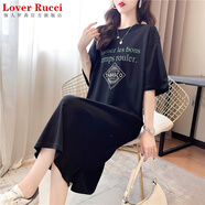LOVER RUCCI法國純棉短袖2025年新款夏寬松懶人裙中長款T恤裙女開叉ins連衣裙 黑色9391 L