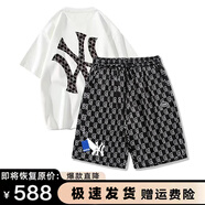 MR-90官方潮牌短袖套裝男女夏季休閑寬松純棉重磅T恤短褲一套兩件套潮 白色短袖+黑色短褲（NE02） L（建議130-150斤）