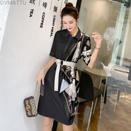 OVMATTU香港潮牌 新品女裝時(shí)尚連衣裙女2020夏裝新款收腰顯瘦氣質(zhì)女神范法式不規則襯衫裙子 黑色(現貨) L