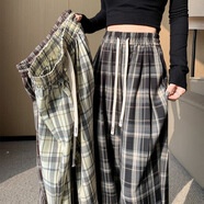 尚濤格子休閑褲女春夏季女裝新款寬松休閑高腰直筒薄款拖地闊腿長(zhǎng)褲子 黑色格子 L建議90-100斤