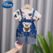 迪士尼（Disney）新款兒童背帶褲男童牛仔褲子夏款女寶寶薄款嬰幼兒短褲套裝三分褲 套裝 小熊+米奇T 90建議9-14個(gè)月
