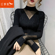 紅蜻蜓 針織衫春新款內搭半高領(lǐng)蕾絲打底毛衣上衣衫修身女士線(xiàn)衣 黑色常規 均碼 （適合80-130斤）