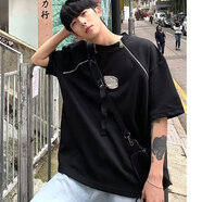 嗨森主義美式小眾金屬拉鏈設計短袖T恤男圓領(lǐng)寬松墊肩半袖簡(jiǎn)約冰絲上衣服 黑色-S122 L