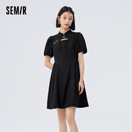 森馬（Semir）【風(fēng)格裙裝合輯】連衣裙女夏季方領(lǐng)修身收腰裙子碎花短裙新中式 A款氣質(zhì)國風(fēng)-黑色90001 160/84A/M