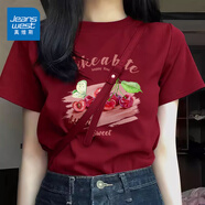 真維斯（JEANSWEST）酒紅色短袖t恤女裝夏季2025新款純棉小眾設計感正肩寬松T恤上衣服 酒紅 咬一口櫻桃 M