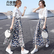 丹珠娜雪紡連衣裙時尚套裝女裝2024年法式刺繡短袖拼接碎花長裙子兩件裝 碎花裙套 S