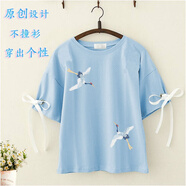 日系森女夏裝初中學(xué)生仙鶴刺繡學(xué)生軟妹寬松短袖少女古風(fēng)T恤上衣 天藍(lán)色 S碼建議70-85斤穿