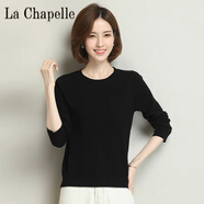 拉夏貝爾（La Chapelle）鄂爾多斯市圓領(lǐng)羊毛衫女士寬松媽媽打底衫低領(lǐng)純色針織衫薄款春季 純100自動(dòng)發(fā)熱經(jīng)典黑 純100自動(dòng)發(fā)熱S (建議100斤以下)