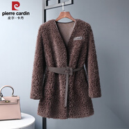 皮爾卡丹（pierre cardin）羊剪絨羊羔毛外套女v領(lǐng)顆粒中長款2023新款皮毛一體大衣皮草外套 咖啡 XL 130-140斤