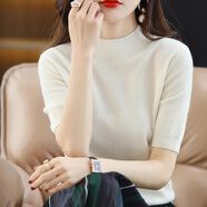 朦朧杏 五分袖半高領(lǐng)針織衫女短袖春秋羊毛袖毛衣打底衫套頭袖外穿薄上 白色【半高】 S