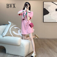BVX連衣裙女夏季新款輕奢時(shí)尚設(shè)計(jì)感卡通氣質(zhì)減齡小個(gè)子休閑T恤裙子 粉色 L