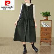 皮爾卡丹（pierre cardin）文藝燈芯絨背心裙女秋冬加厚休閑單排扣疊穿無袖條絨連衣裙小個(gè)子 墨綠色 XL [建議120-135斤]