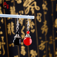 西璽本命年紅瑪瑙925銀圓珠耳環(huán)復古民族風(fēng)宮廷古裝漢服玉石耳墜 龍鳳配