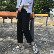 獅子聰牛仔褲女闊腿寬松春秋復(fù)古chic韓版高腰學(xué)生bf風(fēng)直筒褲長(zhǎng)褲 黑色 M