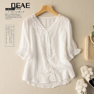 QEAE 輕奢潮牌刺繡蕾絲花邊上衣女2022夏季新款文藝復古棉麻小衫花瓣袖洋氣休閑舒適減齡上衣女裝潮 白色 M【100-120斤】