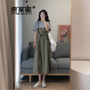 唐菓蜜背帶連衣裙女夏季2024新款女裝港風復古收腰顯瘦工裝背帶裙子夏天 灰綠背帶裙 XL (建議125-140斤)