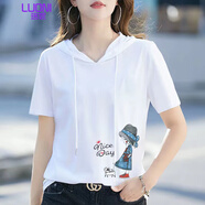 珞妮連帽短袖t恤女純棉2025夏季新款寬松韓版學(xué)院風(fēng)上衣ins打底衫女裝 白色-右下女孩 XL 建議110-125斤