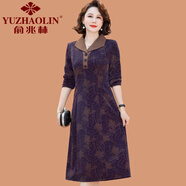 俞兆林（YUZHAOLIN）中年媽媽春秋印花連衣裙洋氣減齡2025新款中老年女裝秋款長袖裙子 紫花 3XL (參考120-135斤)
