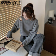 伊離姿韓版慵懶風露肩針織衫長袖個性毛衣女潮小心機鏤空設計感秋冬短款 主圖色 L