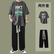 凰梡夏季男裝設計感短袖t恤男ins潮牌男生衣服搭配一套帥氣套裝兩件套 上深灰下黑（長(cháng)褲） XL