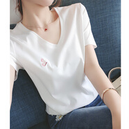 妃麗慕尚（FEILIMUSHANG）2025夏季ins超火時(shí)尚刺繡短袖t恤女裝韓版修身百搭V領(lǐng)上衣打底衫 064蝴蝶-白色 L 建議120斤以內(nèi)