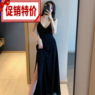 花花公子（PLAYBOY）2025新款吊帶小黑裙性感溫柔v領(lǐng)打底復(fù)古長款側(cè)開叉黑色連衣裙女 黑色 XL