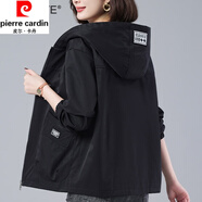 皮爾卡丹（pierre cardin）休閑大號寬松連帽短外套女春秋季新款韓版中年減齡夾克顯瘦 黑色 L115-125斤