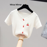 Mirza Mirror夏季冰絲短袖T恤女裝新款針織衫短款高腰修身V領(lǐng)半袖上衣服 白色 均碼