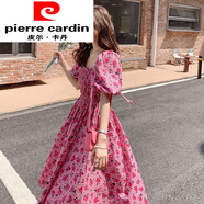 皮爾卡丹（pierre cardin）夏季韓系法式氣質(zhì)寬松方領(lǐng)泡泡袖初戀裙收腰顯瘦減齡碎花連衣裙女 紅花 M 【建議95-105斤】