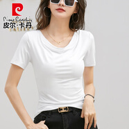 皮爾卡丹（pierre cardin）早秋莫代爾長(cháng)*袖t恤女打底衫韓版漂亮小衫顯瘦堆堆低領(lǐng)薄款上衣潮 190#短袖白色 L