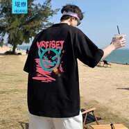 埖煦短袖t恤男士夏季潮牌純棉上衣服美式五分寬松休閑情侶半袖體恤衫 黑色惡魔后背 5XL