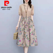 皮爾卡丹（pierre cardin）時(shí)尚減齡細(xì)棉麻連衣裙女夏季收腰顯瘦休閑中長(zhǎng)款大擺裙【有口袋】 卡其花色 2XL:130-140斤