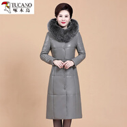 啄木鳥(niǎo)2024新款真皮羽絨服女長(cháng)款過(guò)膝海寧皮衣加絨加厚媽媽冬裝皮草外套 灰色-黑灰狐貍毛 白鴨絨 XL 105-115斤