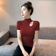 裳淇高領(lǐng)毛衣半袖毛衫女中袖綠色短袖修身半鏤空上衣洋氣輕熟風(fēng)緊身打 酒紅色 S 【建議85-95斤】